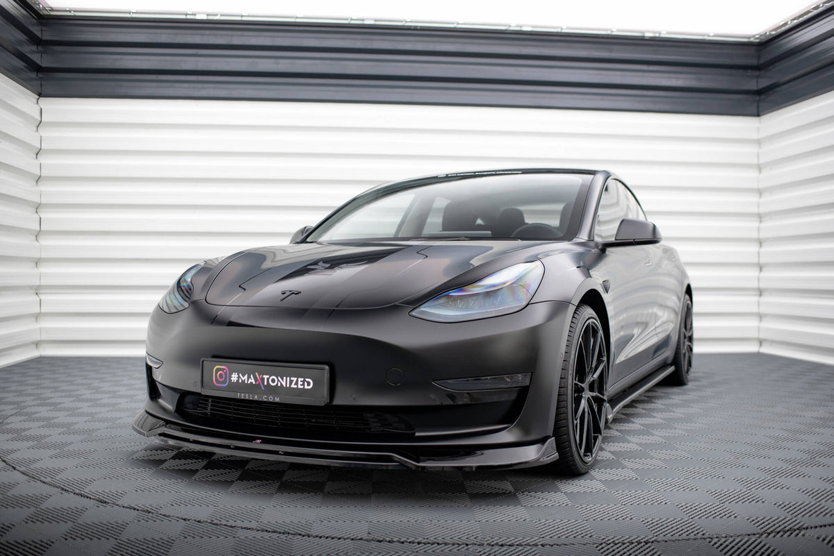 Street+ Spoilerlippe Front Ansatz V.3 passend für Tesla Model 3 schwarz Hochglanz – Ansicht 4