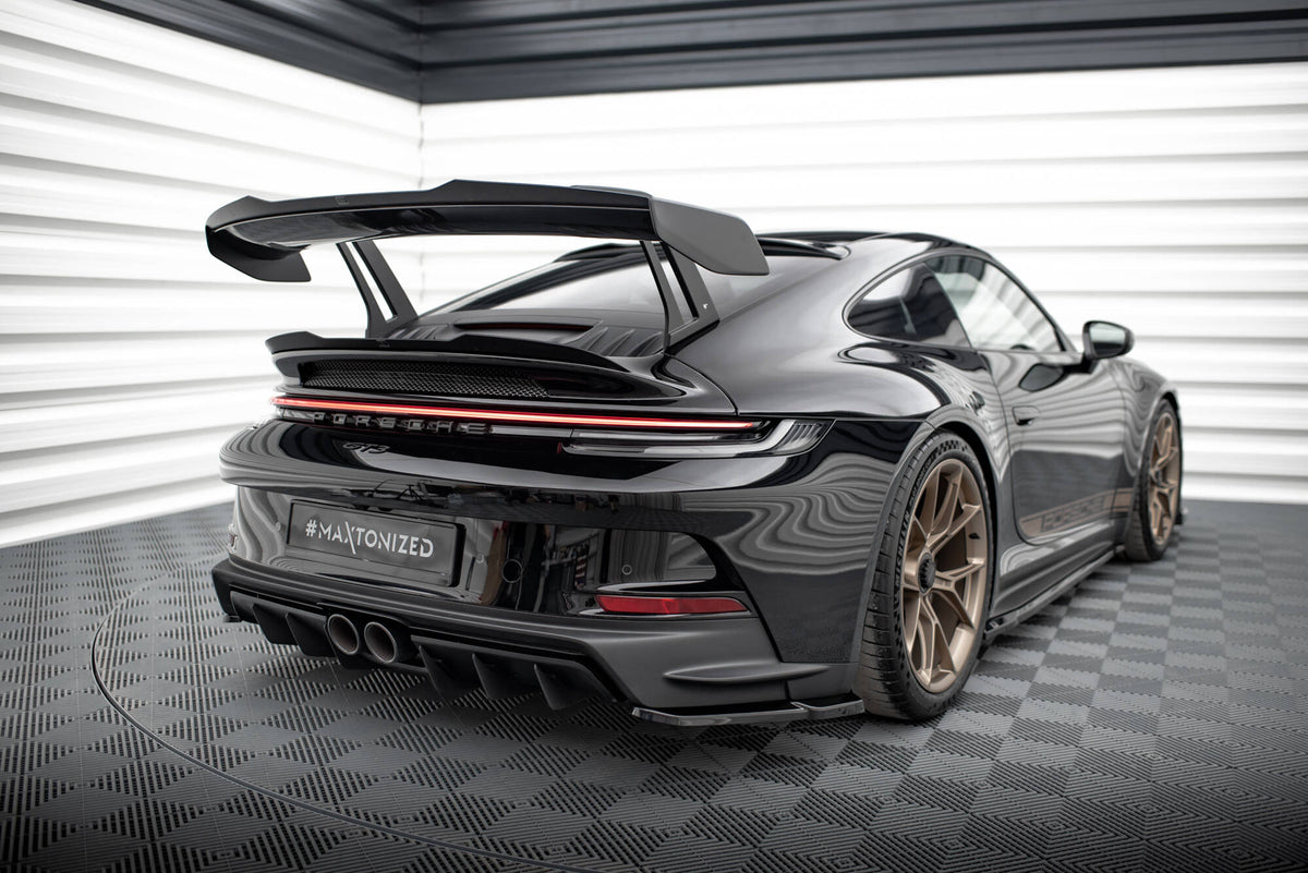 Heck Ansatz Flaps Diffusor passend für Porsche 911 992 GT3 schwarz Hochglanz – Ansicht 1