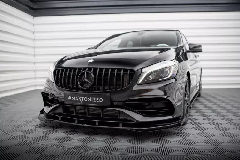 Maxton Design Street Pro Frontlippe für Mercedes A AMG-Line W176 Facelift Hochglanz schwarz schwarz mit Hochglanz Flaps – Ansicht 1