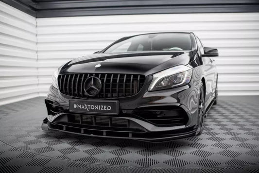 Maxton Design Street Pro Frontlippe für Mercedes A AMG-Line W176 Facelift Hochglanz schwarz schwarz mit Hochglanz Flaps – Ansicht 1