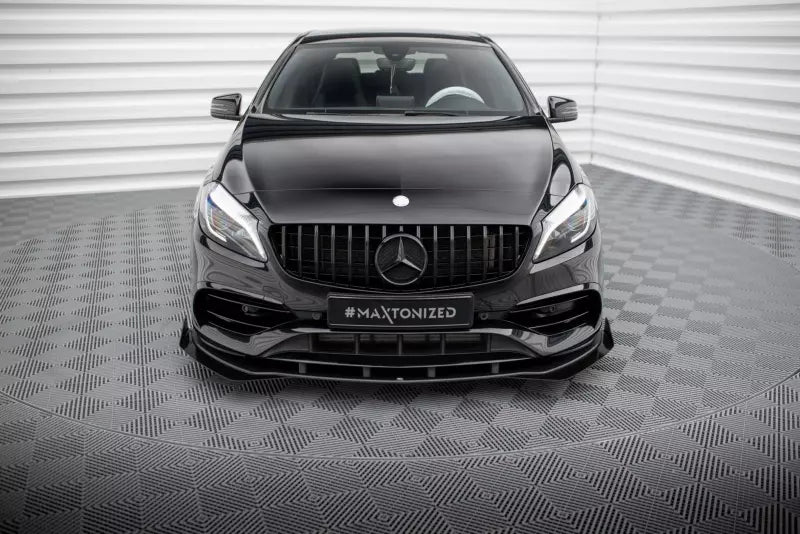 Maxton Design Street Pro Frontlippe für Mercedes A AMG-Line W176 Facelift Hochglanz schwarz schwarz mit Hochglanz Flaps – Ansicht 2