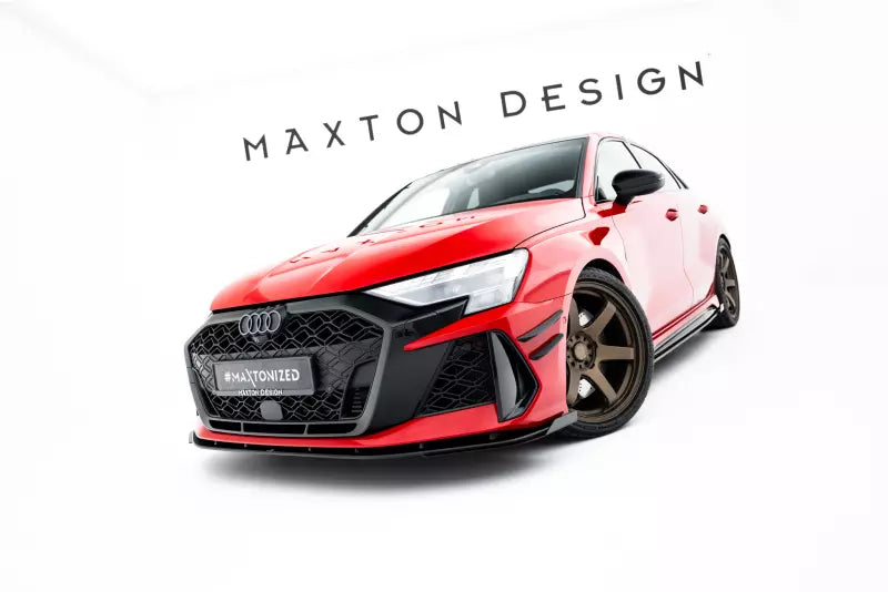 Maxton Design Street Pro Frontlippe mit Flaps für Audi RS3 Limousine 8Y Facelift Schwarz mit Hochglanz Flaps – Ansicht 1